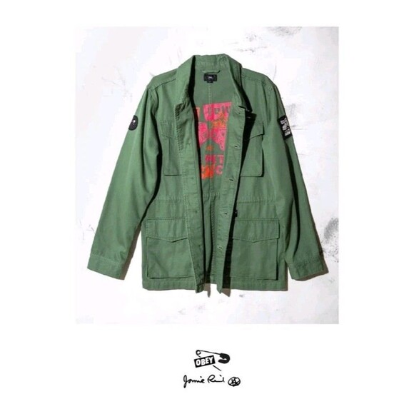 Obey Fairey × Jamie Reid Collab M-65 Military Army Olive Green Jacket Sz M XLNT - Picture 5 of 9